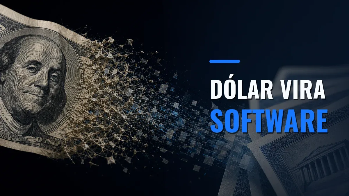 Uma nota de dólar sobre uma mesa escura se desfaz em fibras e pequenos blocos azuis, com outras notas ao fundo.